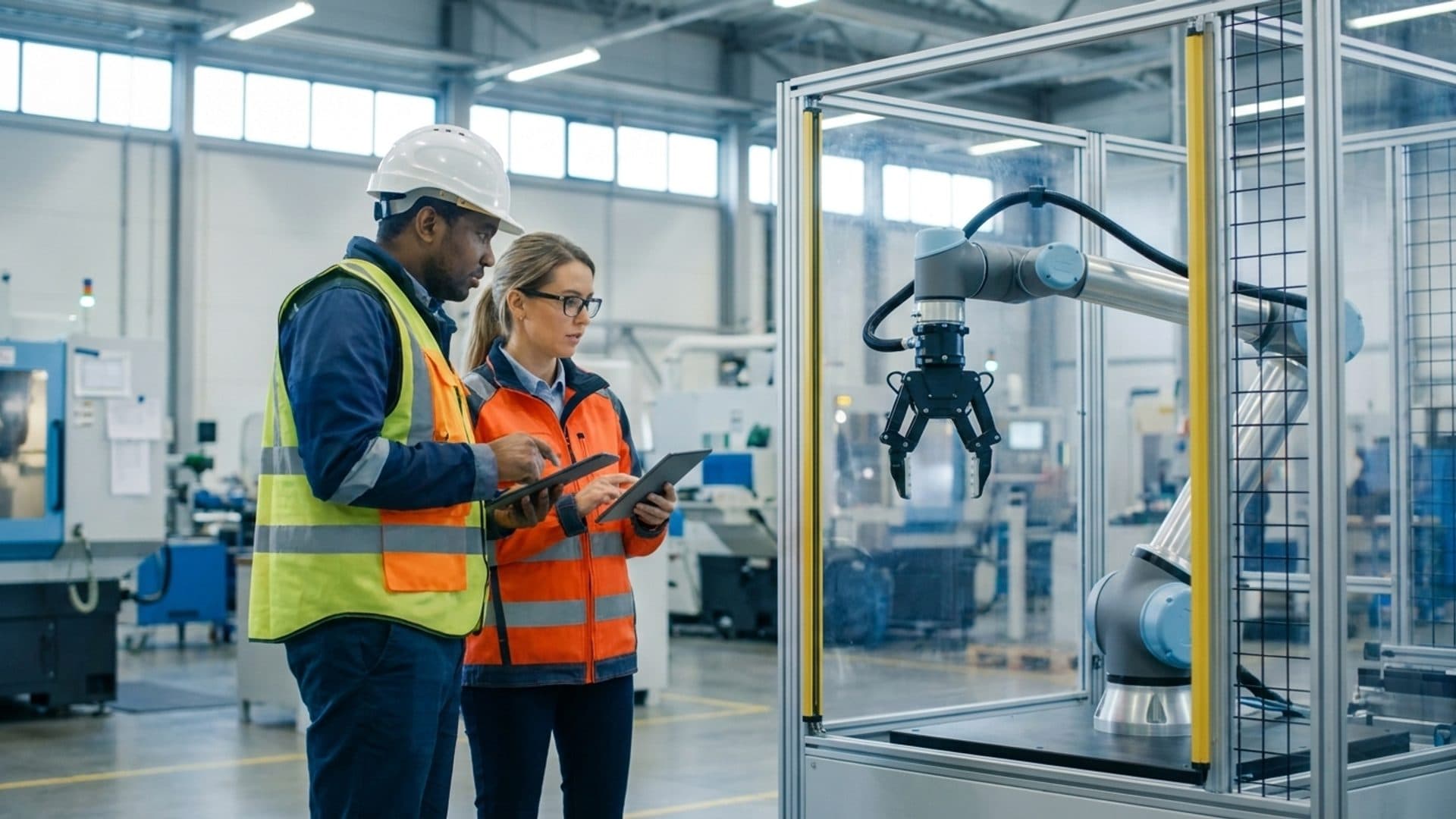 Worker and safety specialist reviewing an industrial robotic work cell