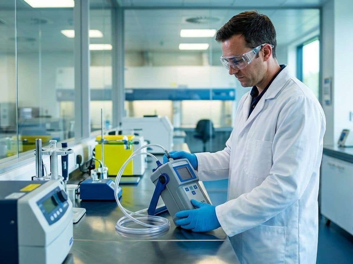 Occupational hygienist using an air-sampling device in a clean workplace