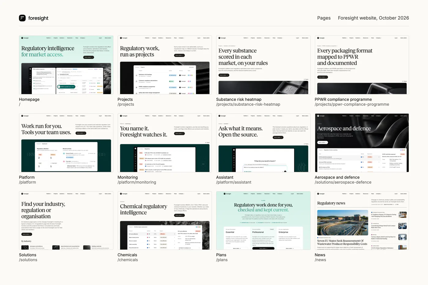 Twelve pages' first screens at the same scale, from the homepage to the news.