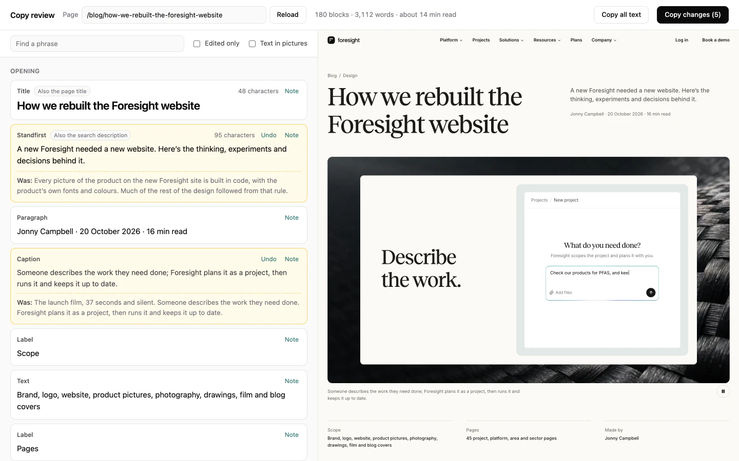The copy review page: this post’s lines in a list on the left, three of them edited and showing the text they replaced, beside the post itself on the right.