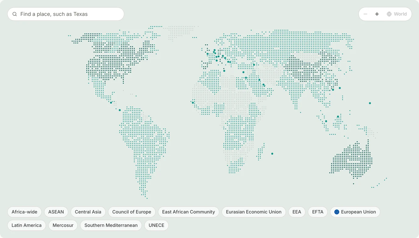 A dot map of the world, with the countries Foresight watches in teal and their states and regions marked.