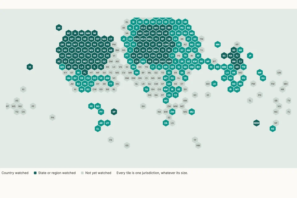 A hex cartogram, one tile for each jurisdiction.