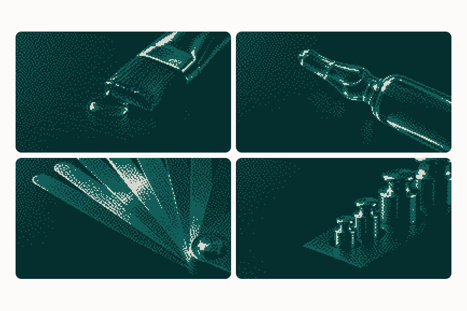 Four dithered covers in deep teal: a brush laying down gel, a glass ampoule, a fanned feeler gauge and a row of weights.