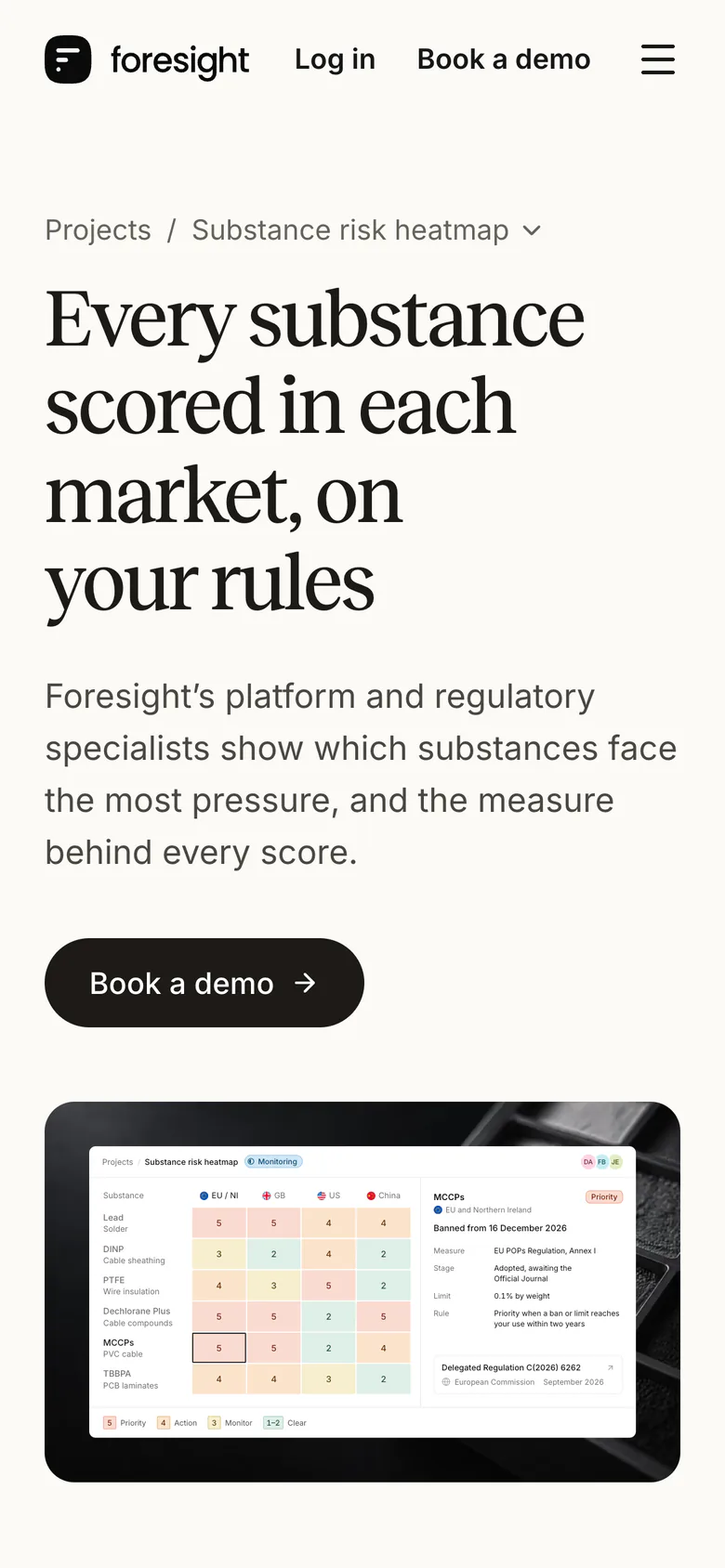 The substance risk heatmap’s page on a phone, its window shrunk whole.