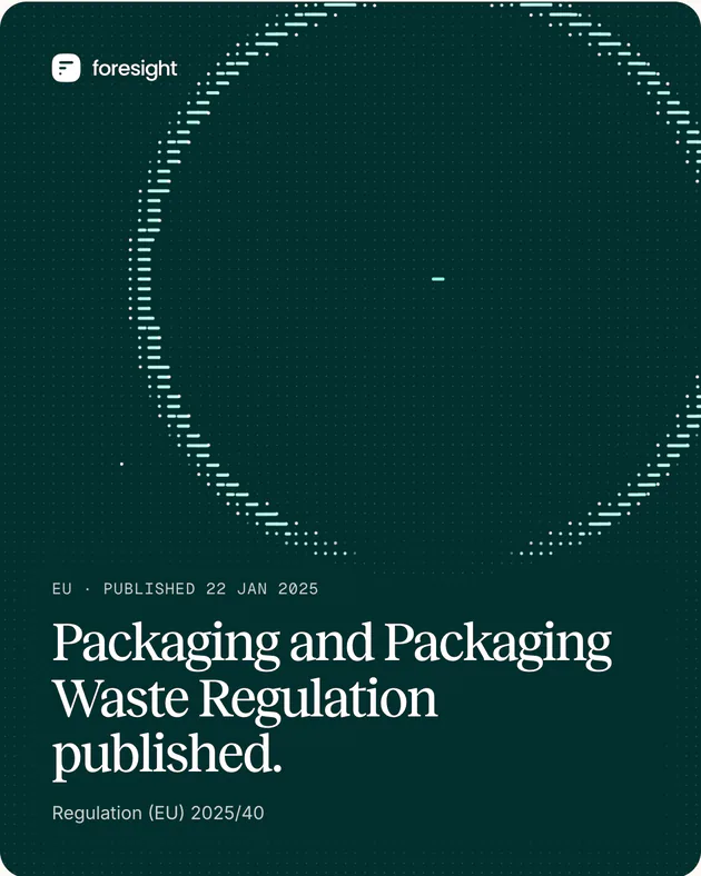 A portrait social tile: the field on deep teal with a ring in flight, over the words Packaging and Packaging Waste Regulation published, Regulation (EU) 2025/40.