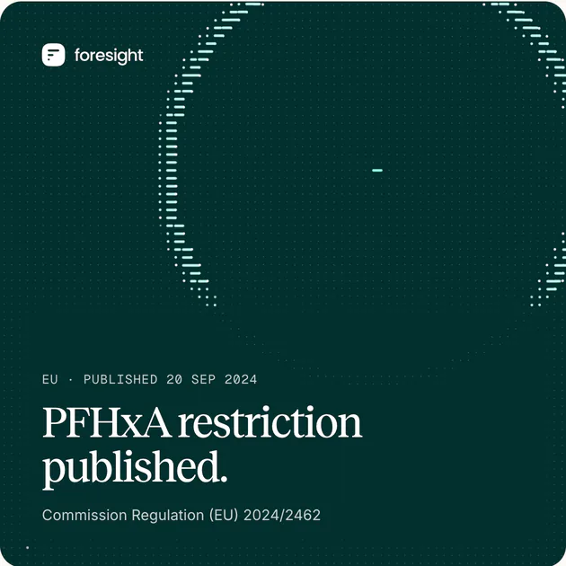 A square social tile: the field on deep teal with a ring in flight, over the words PFHxA restriction published, Commission Regulation (EU) 2024/2462.
