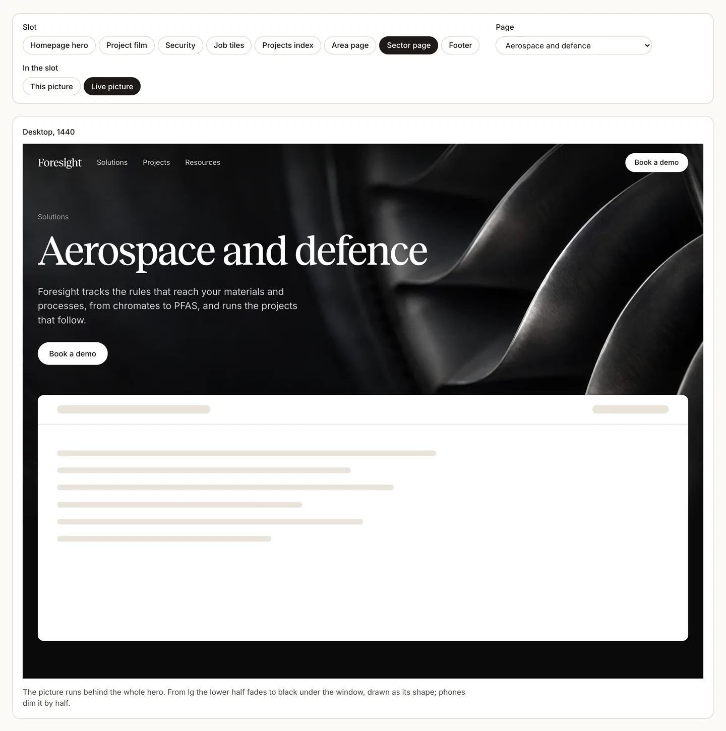 The In context view: the aerospace and defence page's turbine blades behind its headline and a stand-in for the product window, at 1440 px wide.