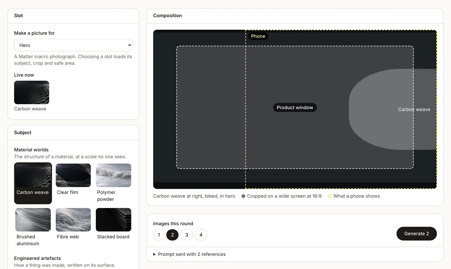 The studio's Generate view: the slot, a choice of subjects, a plan of the hero showing where the product window and a phone's crop fall, and a control for how many pictures a round makes.