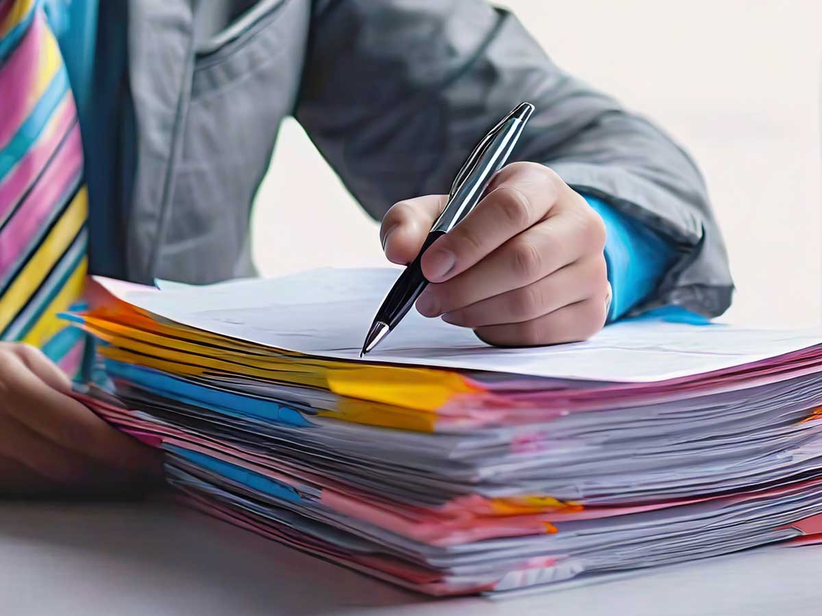 Person writing on a stack of business documents