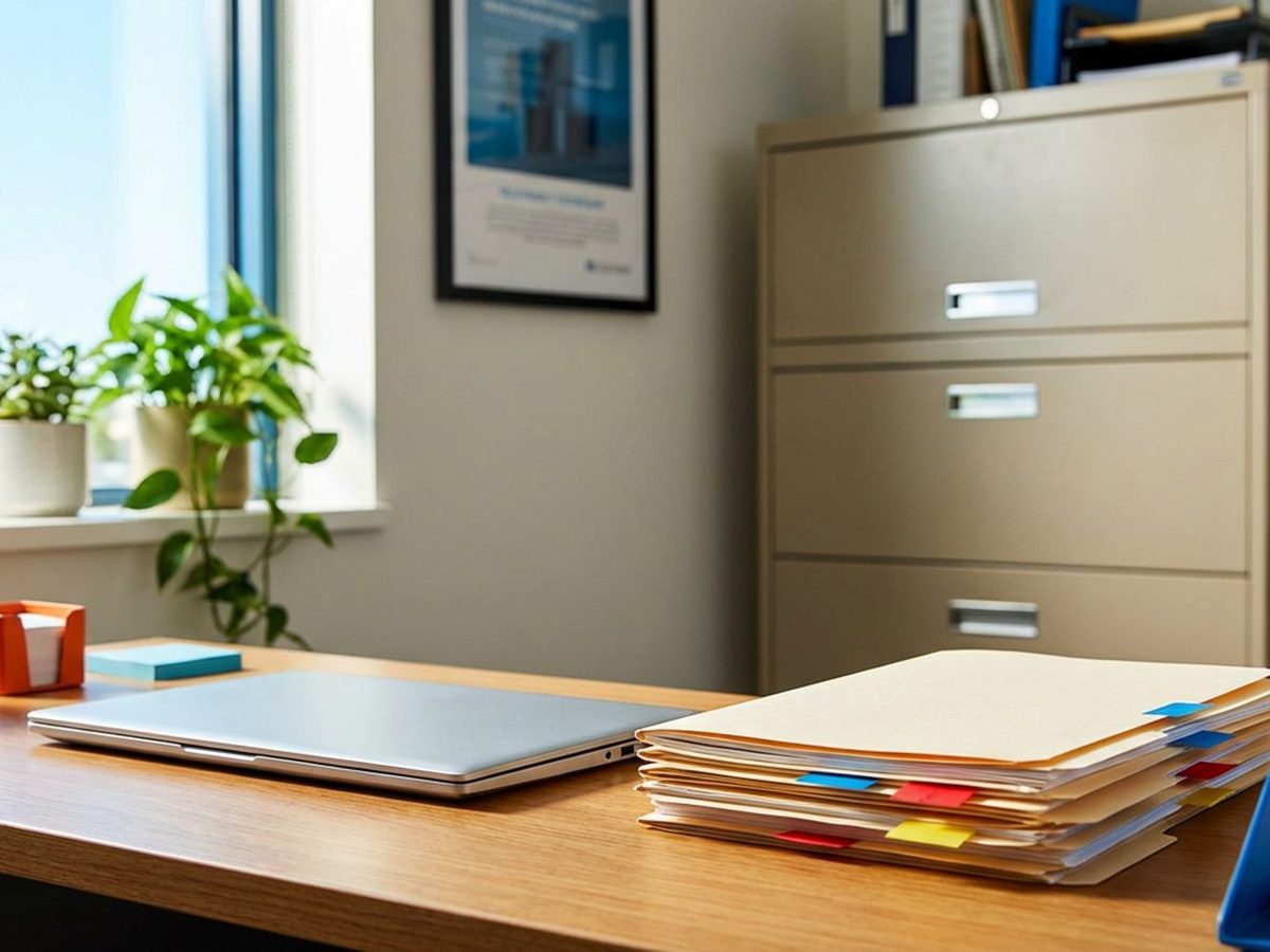 Compliance desk with folders and secure storage
