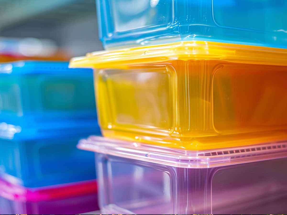 Colourful plastic containers stacked