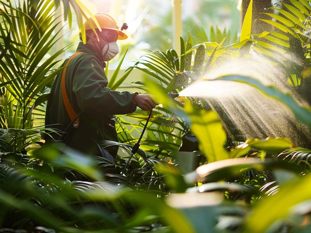 Man spraying plants with pesticide