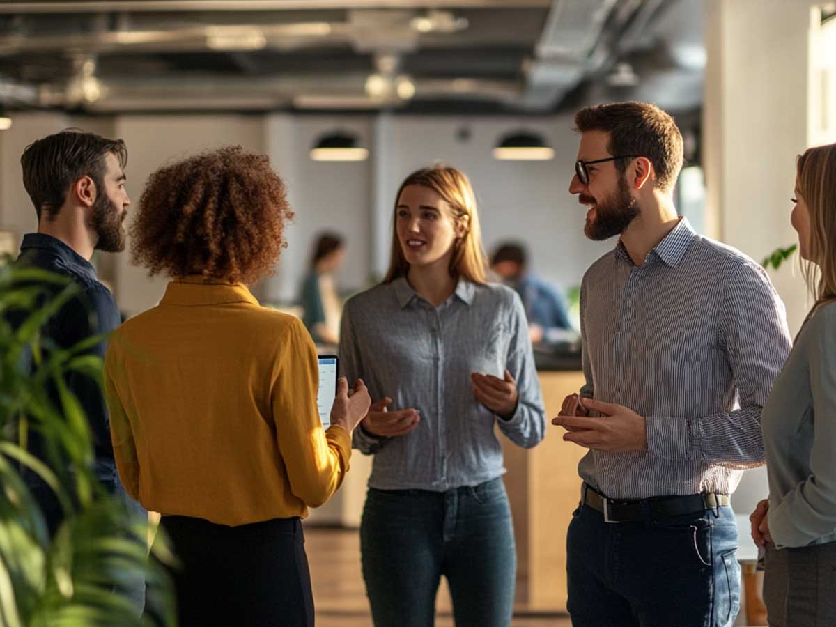 People standing talking in an office