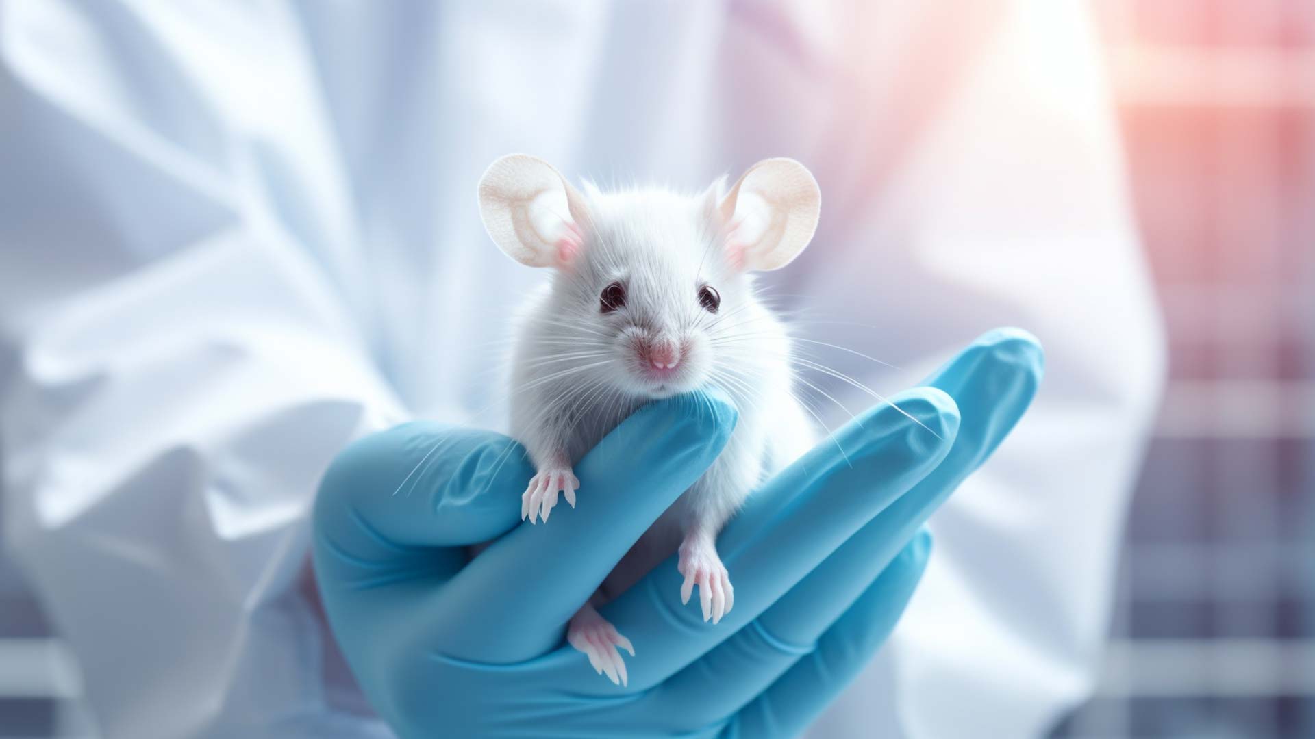 Lab worker holding a mouse in their hands