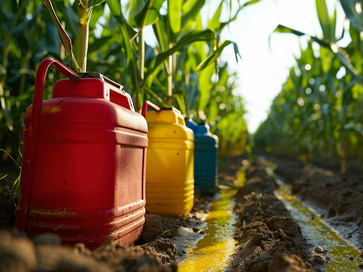 Pesticides in colored jerry cans at corn field